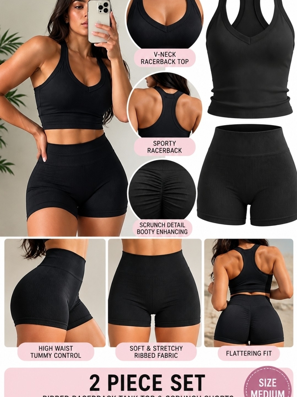Black High-Waist Ribbed Shorts & Racerback Tank - 2-Piece Active Set!! Medium!